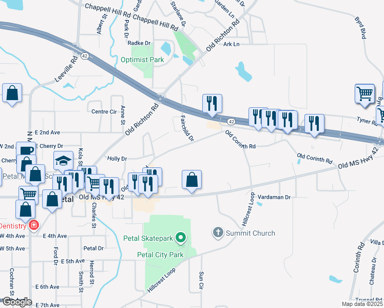 map of restaurants, bars, coffee shops, grocery stores, and more near 301 Old Corinth Road in Petal