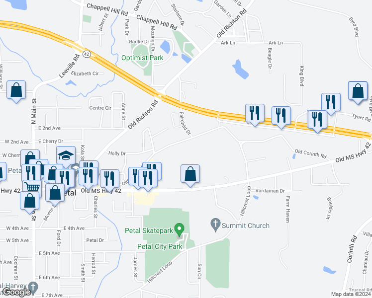 map of restaurants, bars, coffee shops, grocery stores, and more near 301 Old Corinth Road in Petal