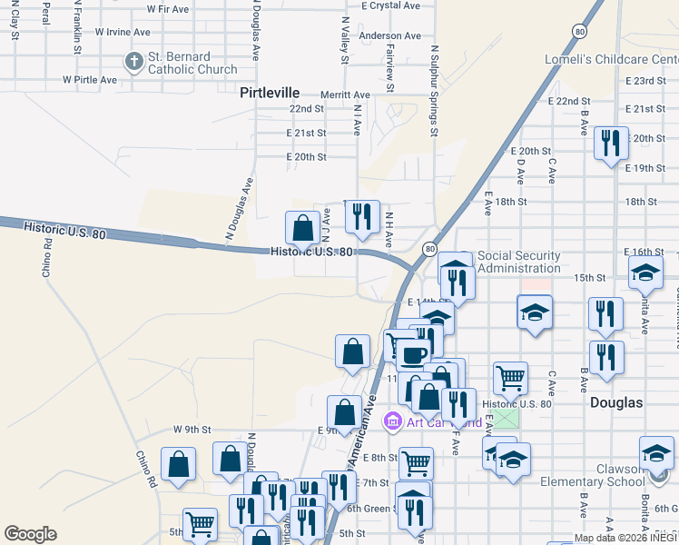 map of restaurants, bars, coffee shops, grocery stores, and more near 244 15th Street in Douglas