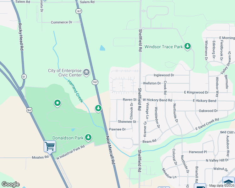 map of restaurants, bars, coffee shops, grocery stores, and more near 304 Huntington Drive in Enterprise