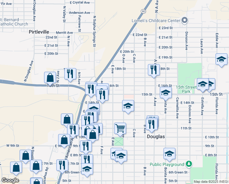 map of restaurants, bars, coffee shops, grocery stores, and more near 702 East 15th Street in Douglas