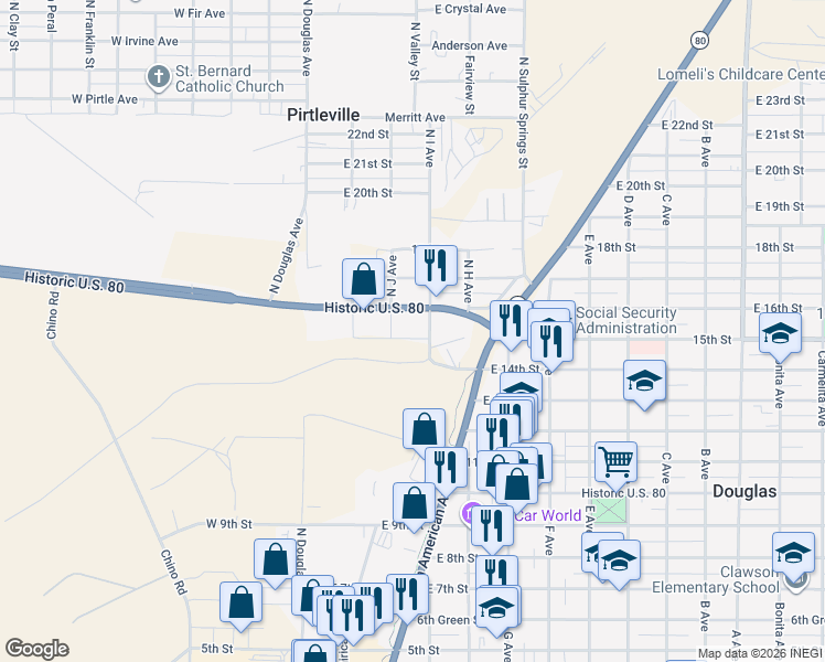 map of restaurants, bars, coffee shops, grocery stores, and more near 244 15th Street in Douglas