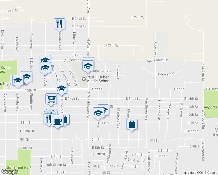 map of restaurants, bars, coffee shops, grocery stores, and more near 2288 East 15th Street in Douglas
