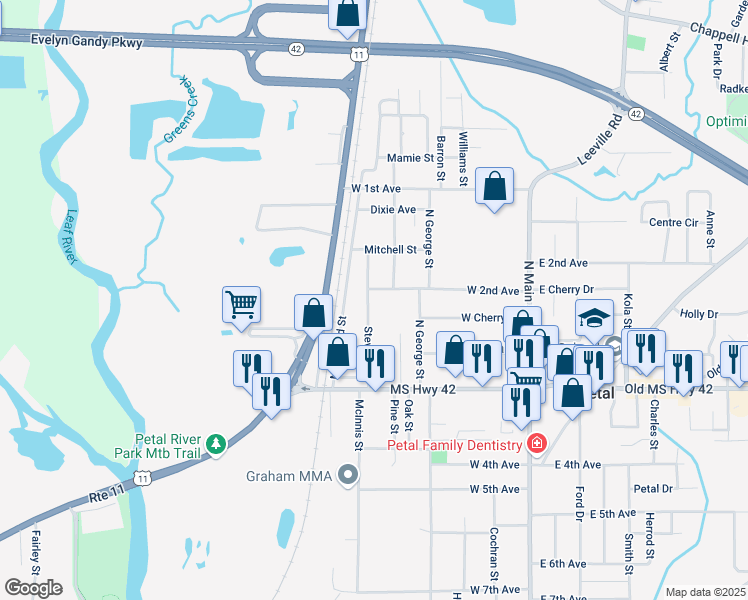 map of restaurants, bars, coffee shops, grocery stores, and more near 147 Stevens Street in Petal