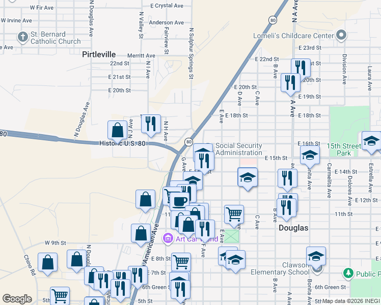 map of restaurants, bars, coffee shops, grocery stores, and more near 1509 Pan American Avenue in Douglas