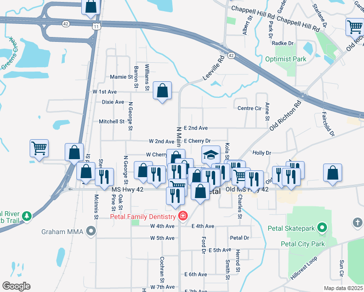 map of restaurants, bars, coffee shops, grocery stores, and more near 202 Willow Street in Petal