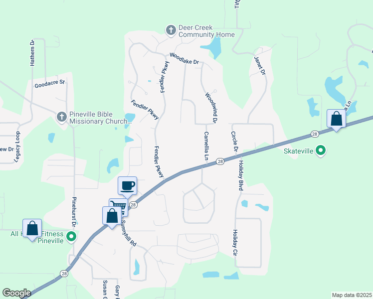 map of restaurants, bars, coffee shops, grocery stores, and more near 5033 State Highway 28 in Pineville