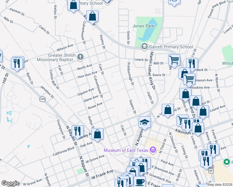 map of restaurants, bars, coffee shops, grocery stores, and more near 113 Wilma Street in Lufkin