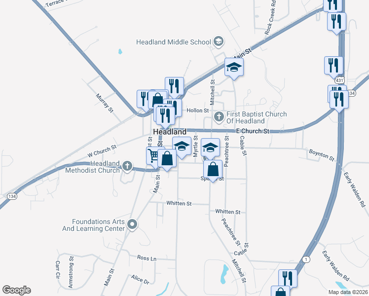 map of restaurants, bars, coffee shops, grocery stores, and more near 301 Cleveland Street in Headland