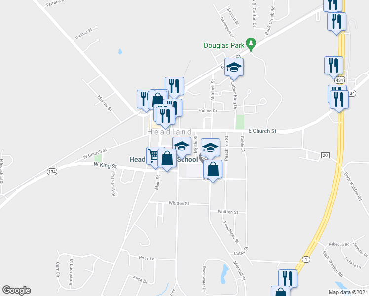 map of restaurants, bars, coffee shops, grocery stores, and more near 301 Cleveland Street in Headland