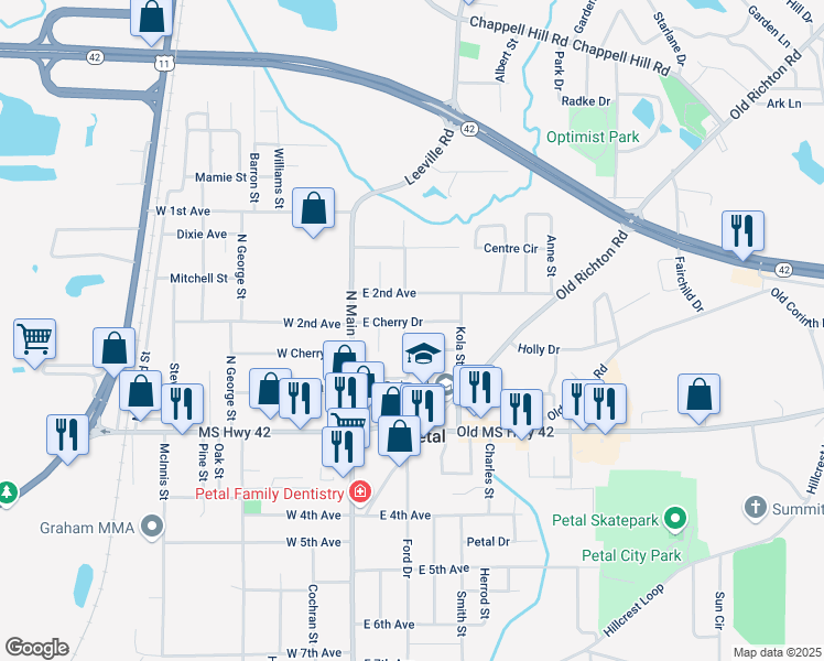 map of restaurants, bars, coffee shops, grocery stores, and more near 201 Robin Drive in Petal