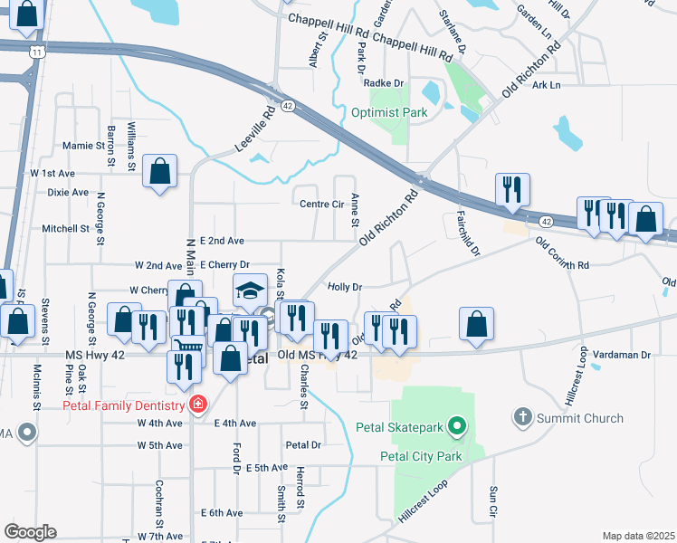 map of restaurants, bars, coffee shops, grocery stores, and more near 403 Old Richton Road in Petal