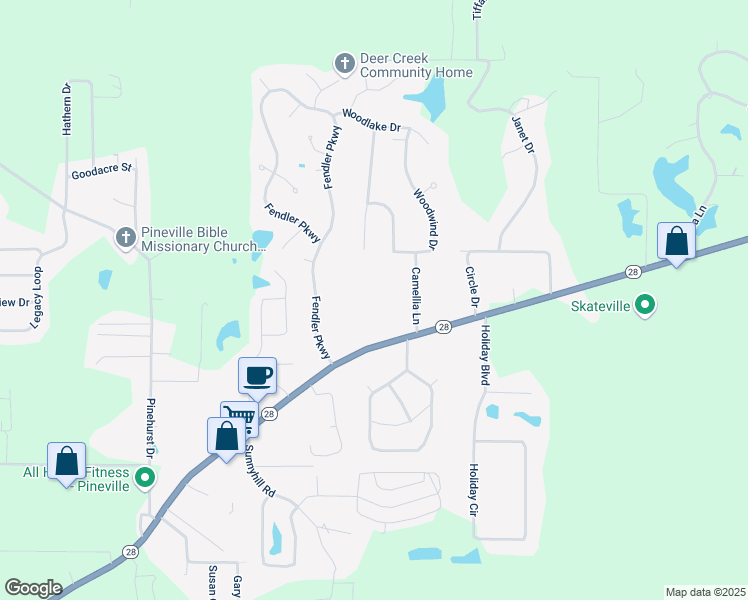 map of restaurants, bars, coffee shops, grocery stores, and more near 5025 Holloway Road in Pineville