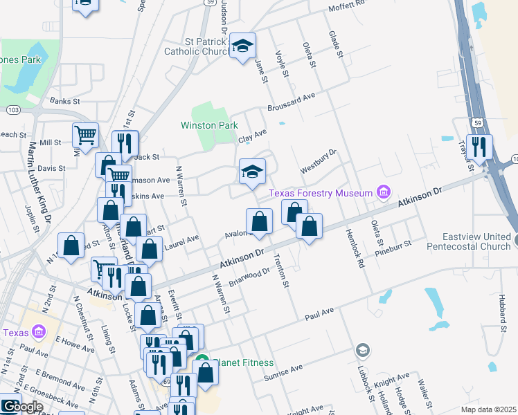map of restaurants, bars, coffee shops, grocery stores, and more near 707 Trenton Street in Lufkin