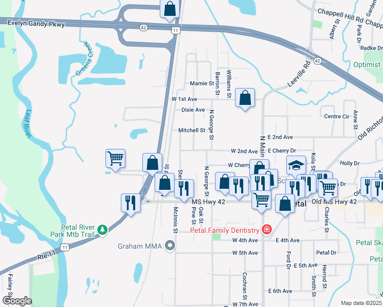 map of restaurants, bars, coffee shops, grocery stores, and more near 147 Stevens Street in Petal