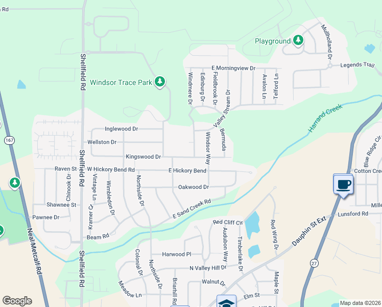 map of restaurants, bars, coffee shops, grocery stores, and more near 106 Kingswood Drive in Enterprise
