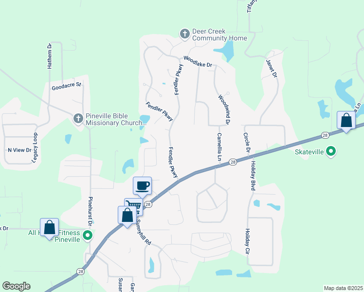 map of restaurants, bars, coffee shops, grocery stores, and more near 5025 Holloway Road in Pineville