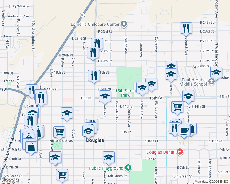 map of restaurants, bars, coffee shops, grocery stores, and more near 1500 Carmelita Avenue in Douglas