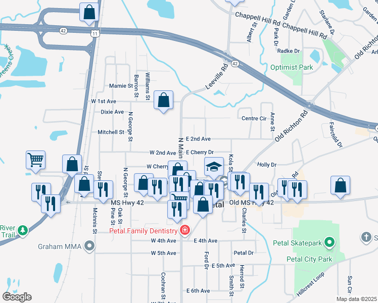 map of restaurants, bars, coffee shops, grocery stores, and more near 202 Willow Street in Petal
