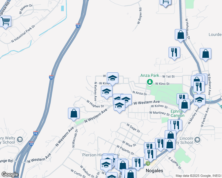 map of restaurants, bars, coffee shops, grocery stores, and more near 595 West Kino Street in Nogales