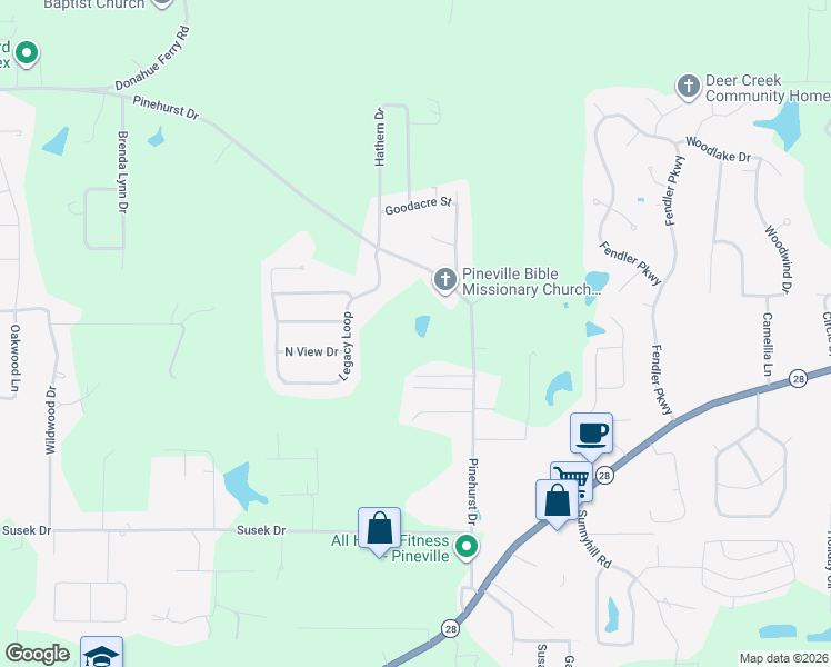 map of restaurants, bars, coffee shops, grocery stores, and more near 1100 Pinehurst Drive in Pineville