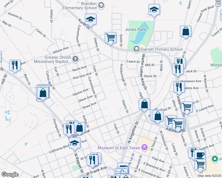 map of restaurants, bars, coffee shops, grocery stores, and more near 113 Wilma Street in Lufkin