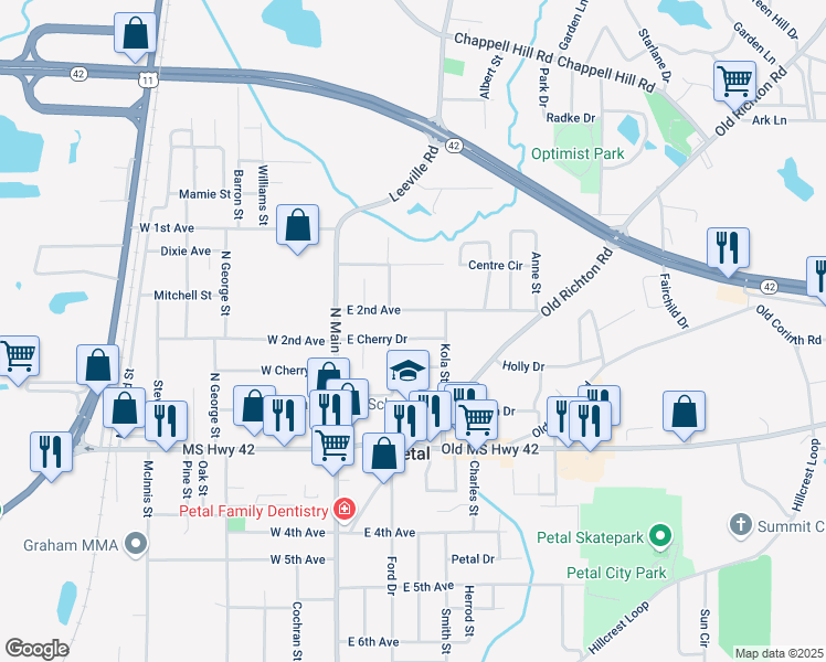 map of restaurants, bars, coffee shops, grocery stores, and more near 201 Robin Dr in Petal