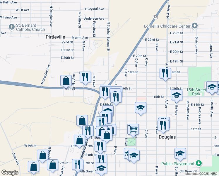 map of restaurants, bars, coffee shops, grocery stores, and more near 1509 Pan American Avenue in Douglas