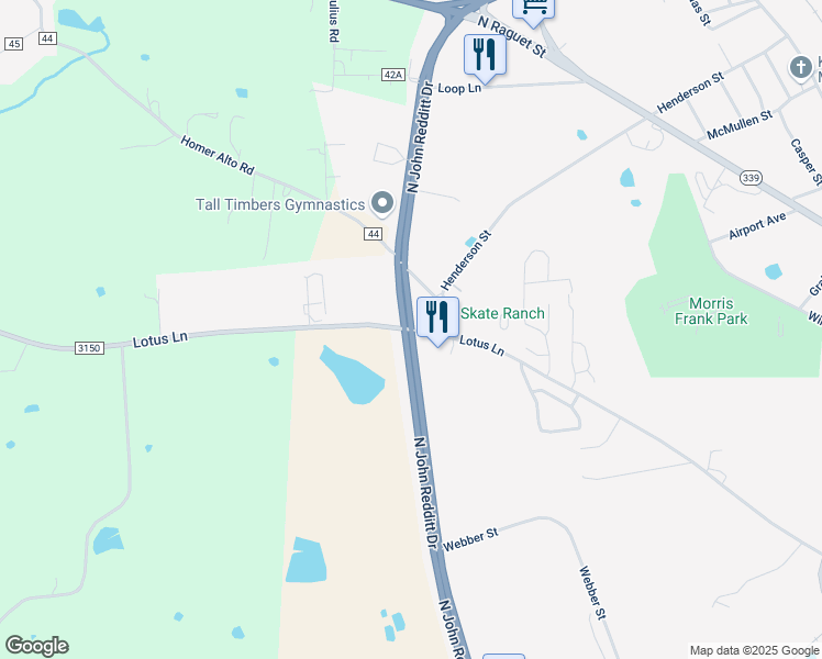 map of restaurants, bars, coffee shops, grocery stores, and more near North John Redditt Drive in Lufkin