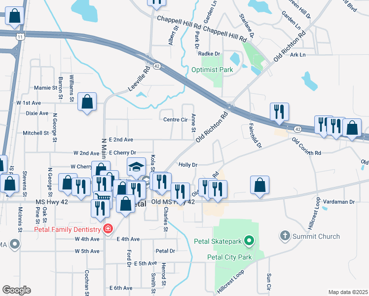 map of restaurants, bars, coffee shops, grocery stores, and more near 403 Old Richton Road in Petal