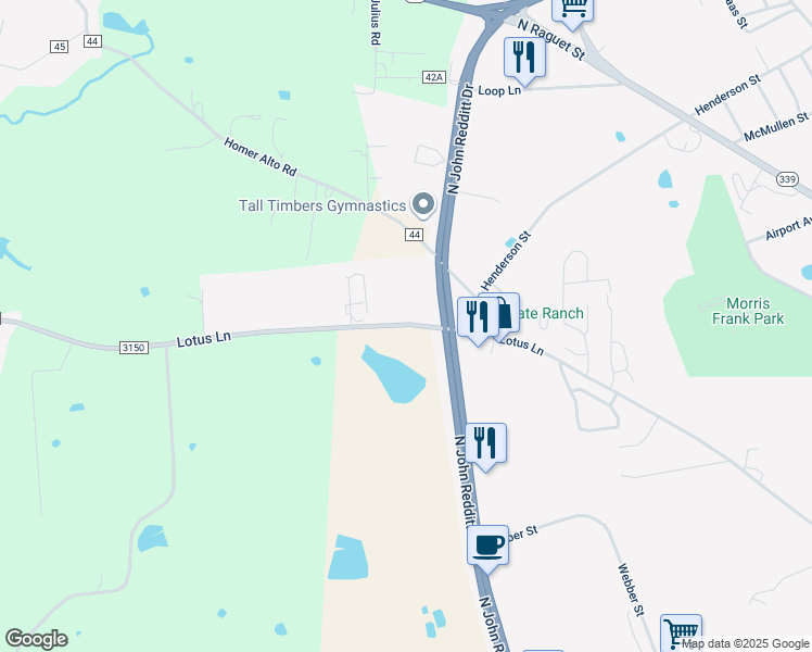map of restaurants, bars, coffee shops, grocery stores, and more near 5206 Lotus Lane in Lufkin