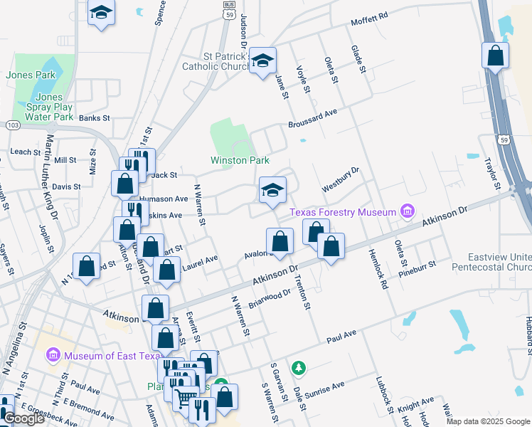 map of restaurants, bars, coffee shops, grocery stores, and more near 707 Trenton Street in Lufkin