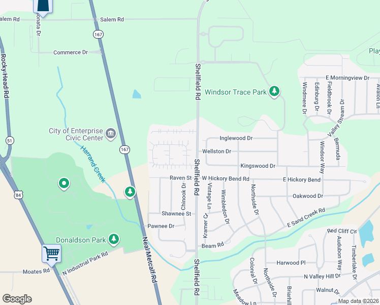 map of restaurants, bars, coffee shops, grocery stores, and more near 417 Huntington Drive in Enterprise