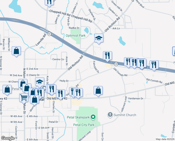 map of restaurants, bars, coffee shops, grocery stores, and more near 100 Hickory Dr in Petal