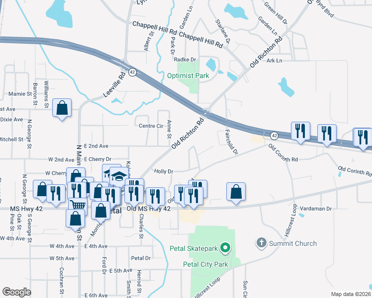 map of restaurants, bars, coffee shops, grocery stores, and more near 115 Norman Drive in Petal