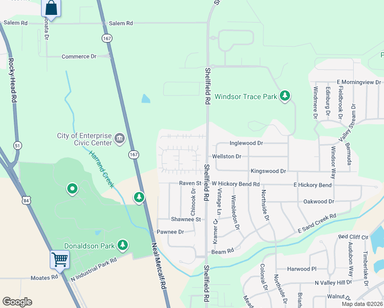 map of restaurants, bars, coffee shops, grocery stores, and more near 402 Huntington Drive in Enterprise