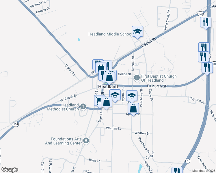 map of restaurants, bars, coffee shops, grocery stores, and more near in Headland