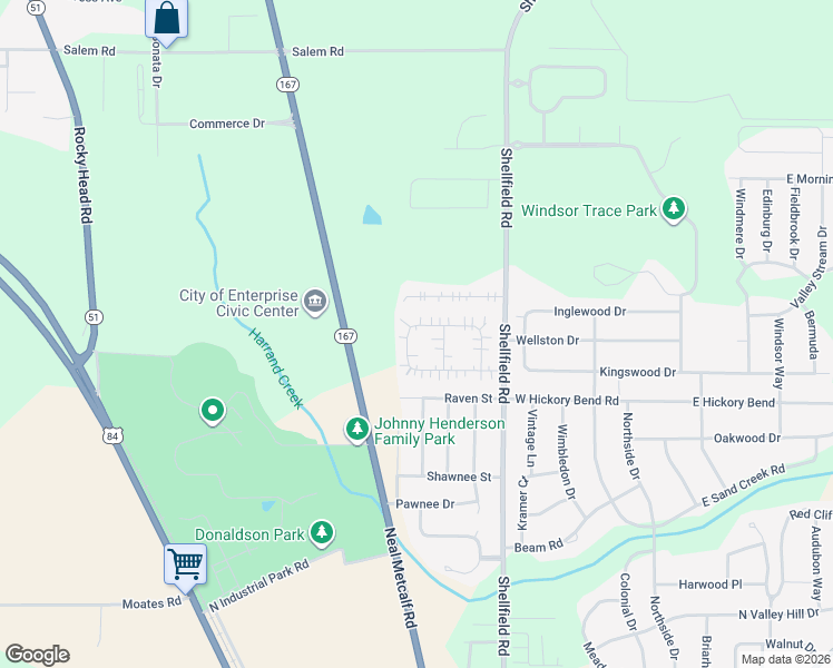 map of restaurants, bars, coffee shops, grocery stores, and more near 308 Huntington Drive in Enterprise