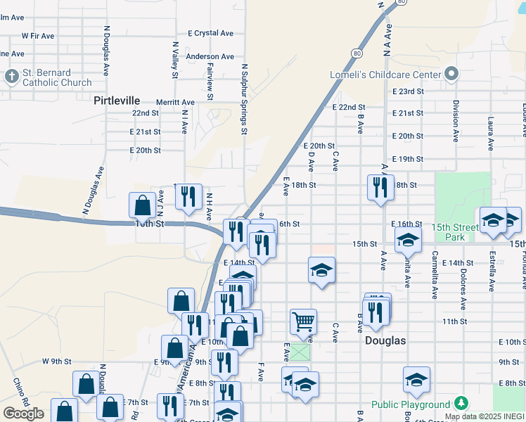map of restaurants, bars, coffee shops, grocery stores, and more near 401 East 17th Street in Douglas