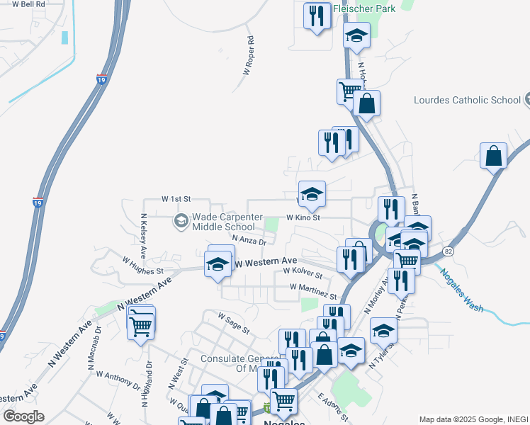 map of restaurants, bars, coffee shops, grocery stores, and more near 344 West Kino Street in Nogales