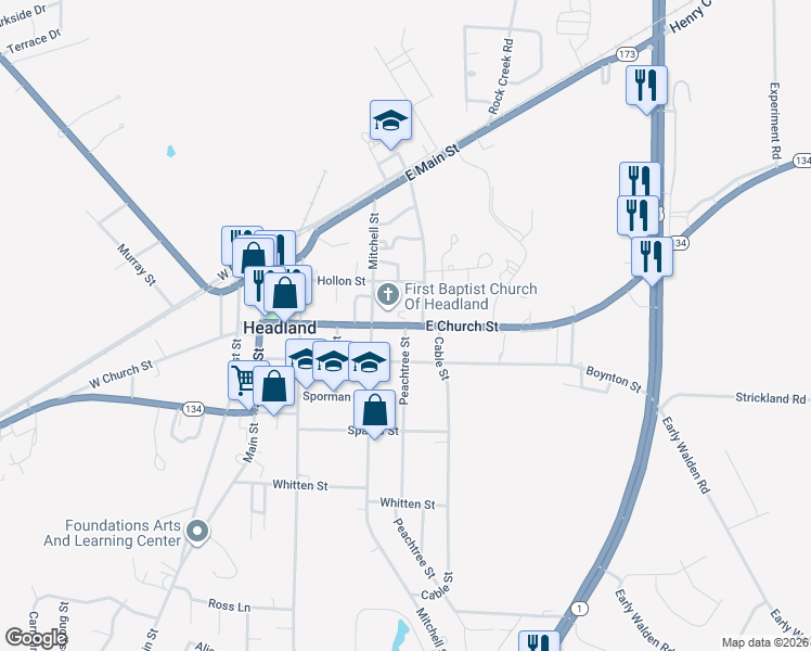 map of restaurants, bars, coffee shops, grocery stores, and more near 200 Peachtree Street in Headland
