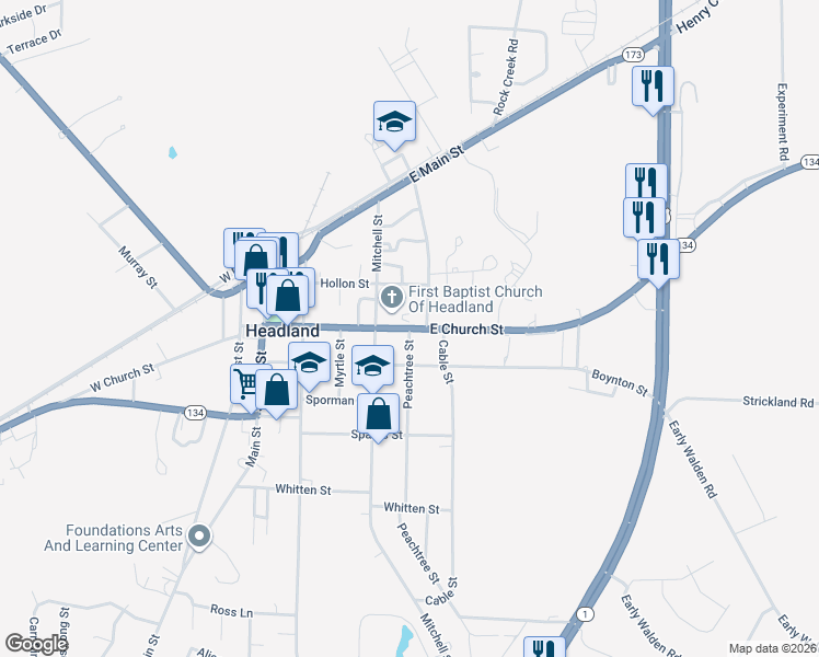 map of restaurants, bars, coffee shops, grocery stores, and more near 200 Peachtree Street in Headland