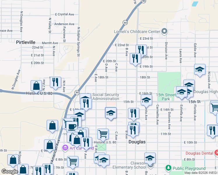 map of restaurants, bars, coffee shops, grocery stores, and more near 817 East 17th Street in Douglas