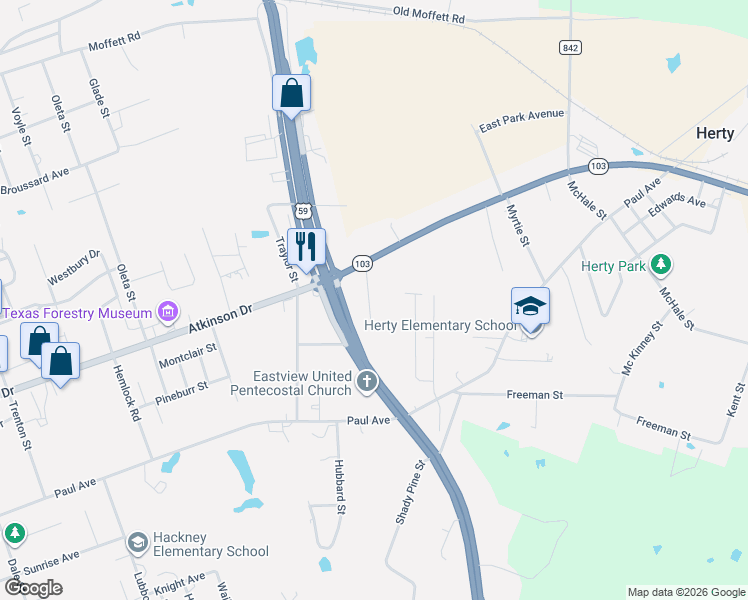 map of restaurants, bars, coffee shops, grocery stores, and more near 702 Maxwell Street in Lufkin