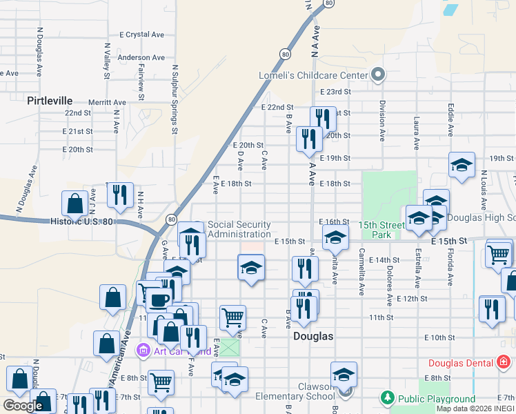 map of restaurants, bars, coffee shops, grocery stores, and more near 817 East 17th Street in Douglas