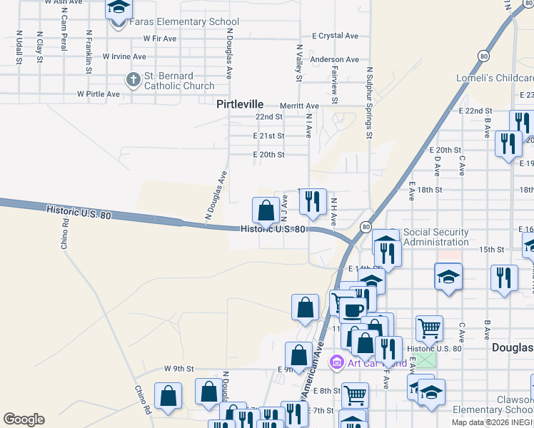 map of restaurants, bars, coffee shops, grocery stores, and more near 103 17th Street in Douglas