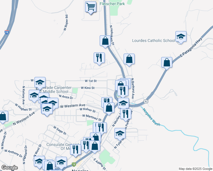 map of restaurants, bars, coffee shops, grocery stores, and more near 222 West Kino Street in Nogales