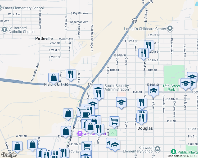 map of restaurants, bars, coffee shops, grocery stores, and more near 601 East 17th Street in Douglas
