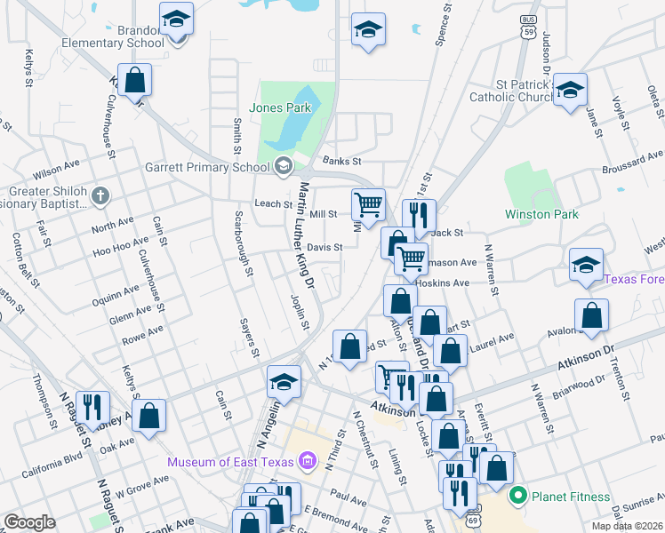 map of restaurants, bars, coffee shops, grocery stores, and more near 317 Birch Street in Lufkin
