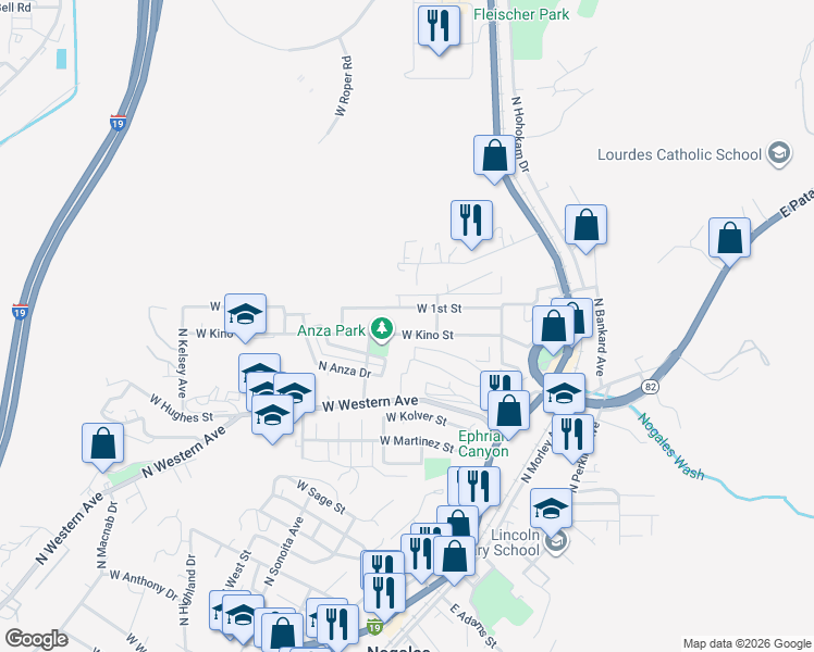 map of restaurants, bars, coffee shops, grocery stores, and more near 290 West Kino Street in Nogales